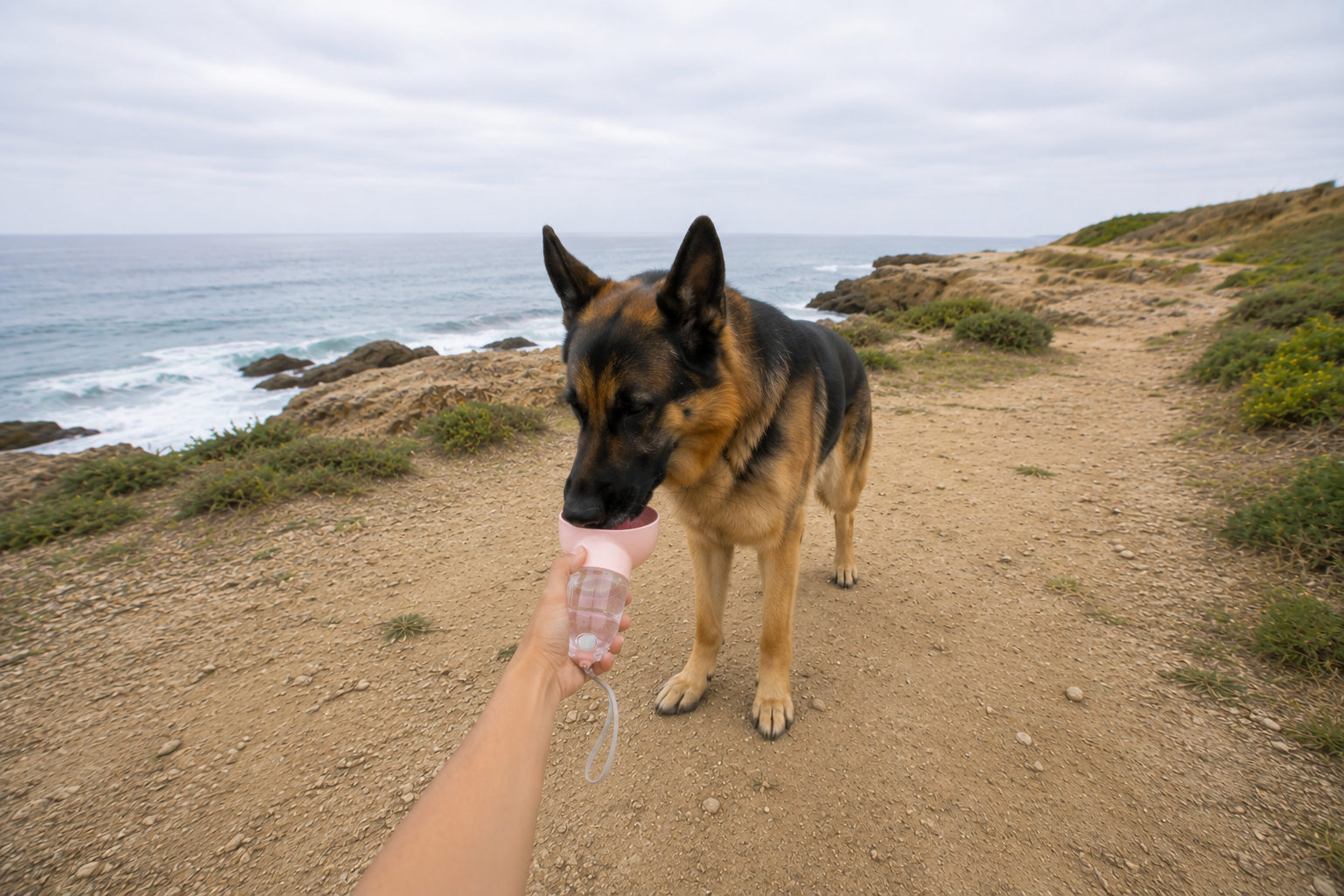 Golden retriever drinking from a portable travel water bottle on a coastal path