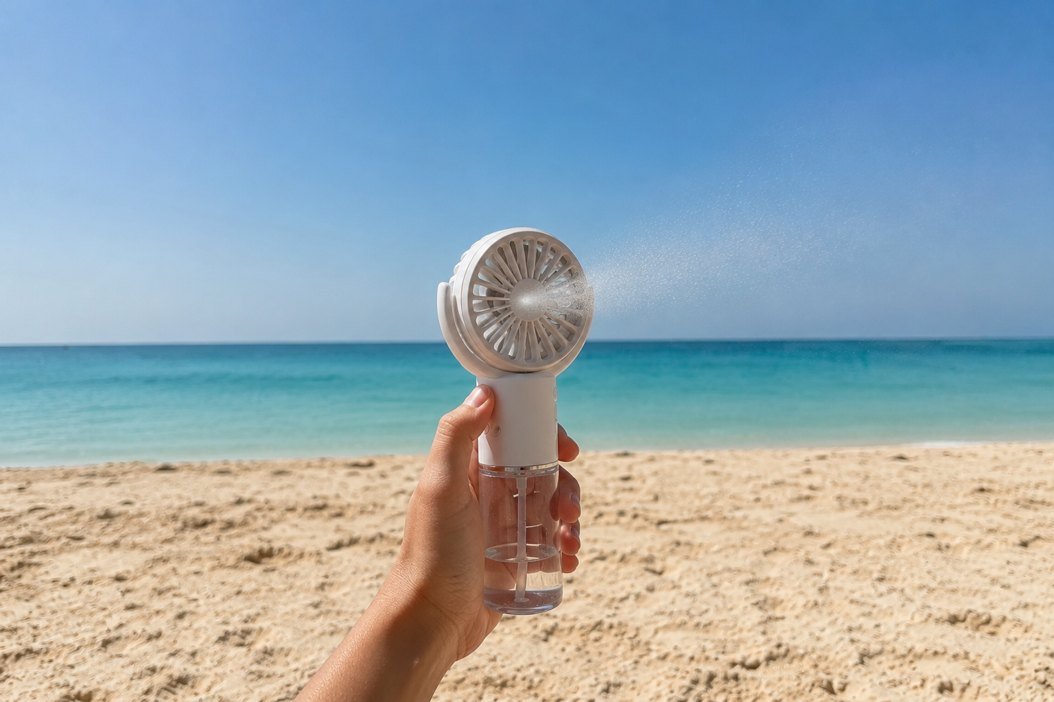 Portable misting fan cooling off a person on a sunny beach