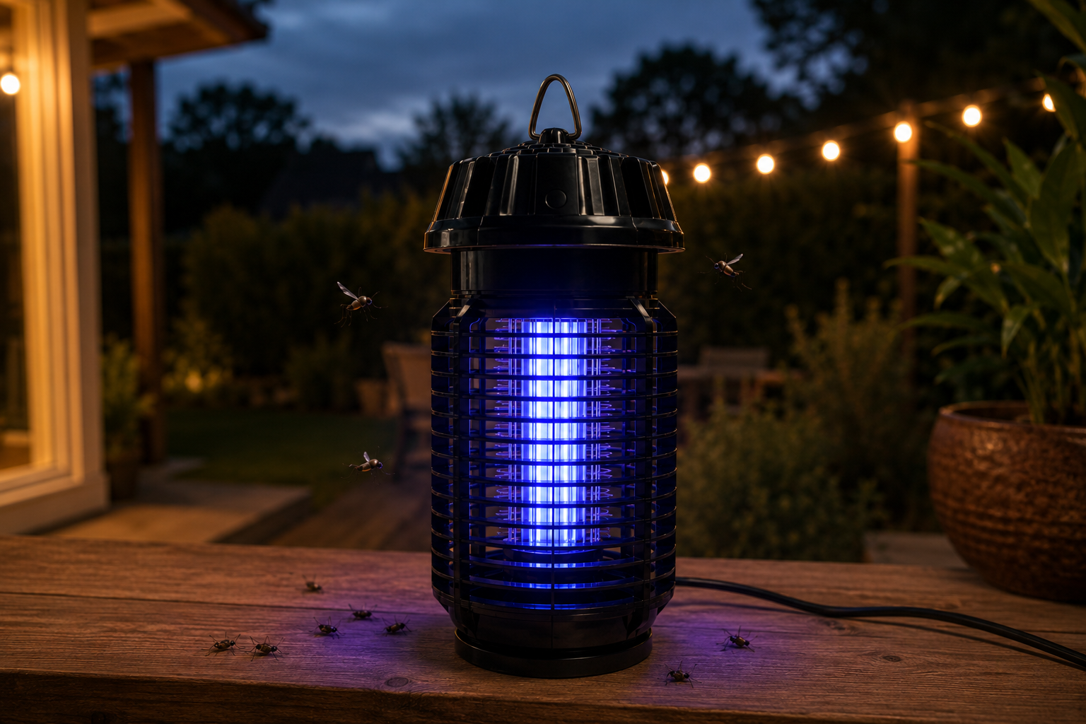 Electric UV mosquito zapper lamp glowing on an outdoor deck at dusk