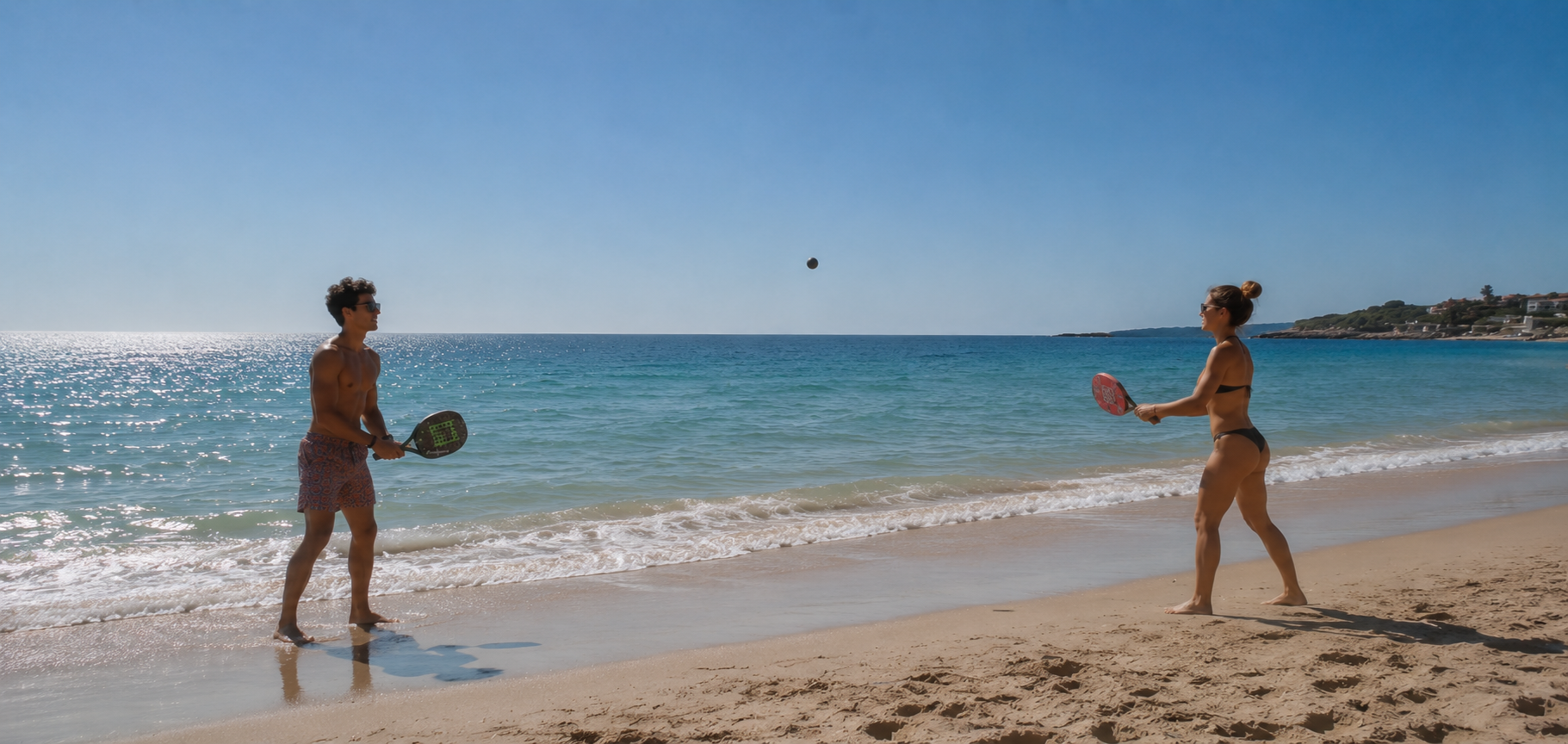 Dos personas jugando al pingón en la playa